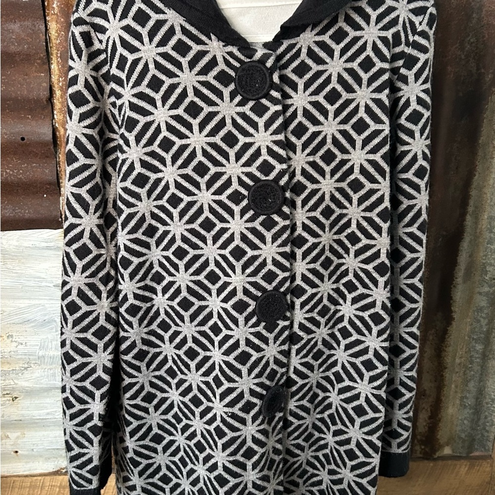 John Paul Richard Knit Cardigan Coat Black White Geometric Long Sleeve Sweater-L - Picture 8 of 9